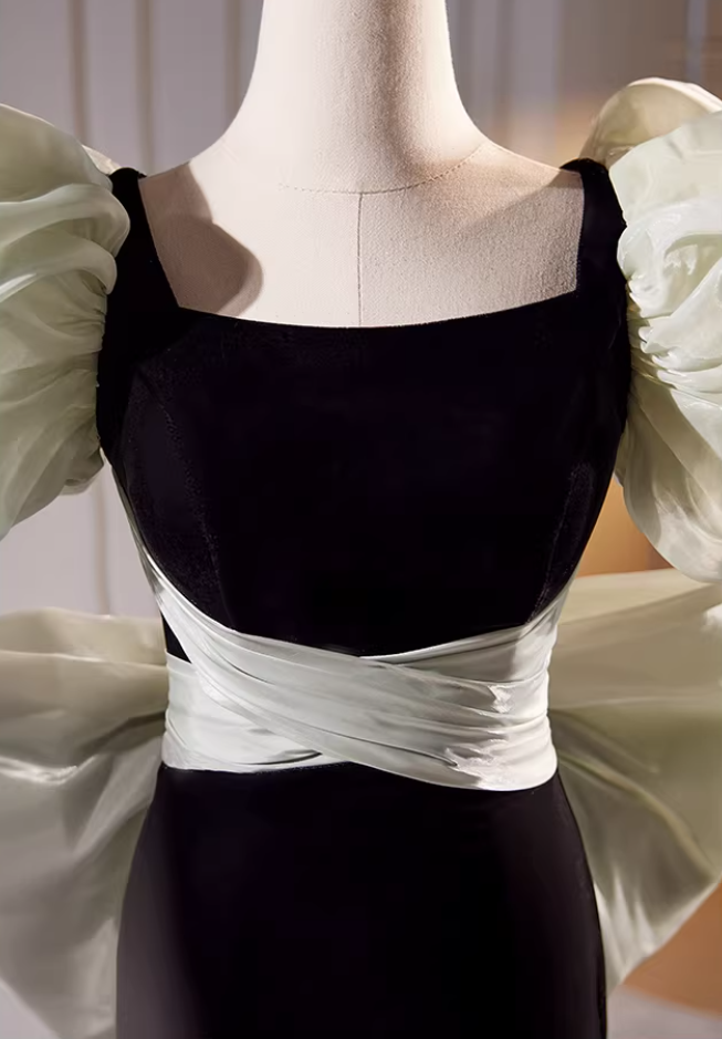 Vogue Square Neck Puff Short Sleeve Mermaid Evening Dresses Bow Train Black Velvet Prom Dress AP5725
