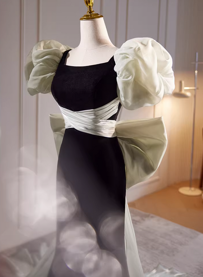 Vogue Square Neck Puff Short Sleeve Mermaid Evening Dresses Bow Train Black Velvet Prom Dress AP5725