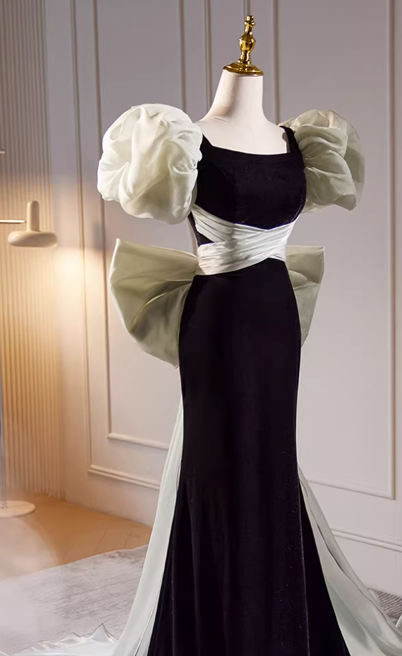 Vogue Square Neck Puff Short Sleeve Mermaid Evening Dresses Bow Train Black Velvet Prom Dress AP5725