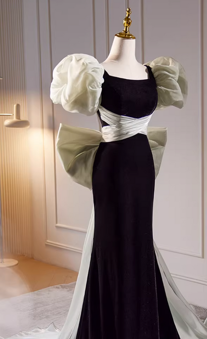 Vogue Square Neck Puff Short Sleeve Mermaid Evening Dresses Bow Train Black Velvet Prom Dress AP5725