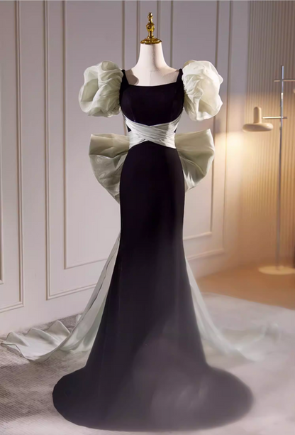 Vogue Square Neck Puff Short Sleeve Mermaid Evening Dresses Bow Train Black Velvet Prom Dress AP5725