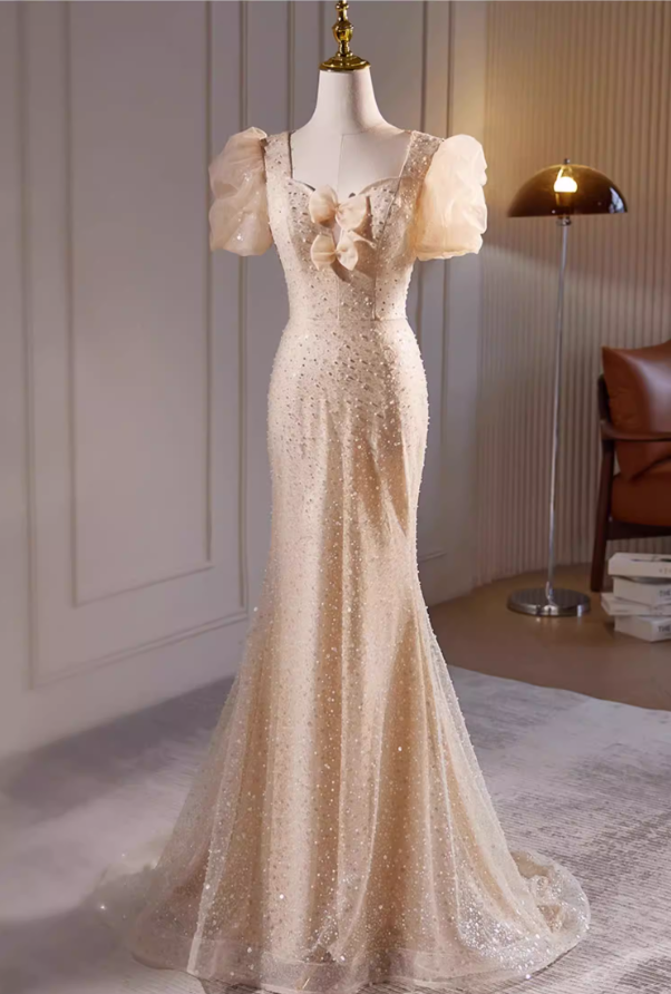 Glittering Sweetheart Neck Puff Short Sleeve Mermaid Evening Gowns Sequins Bows Beads Prom Dress AP5726