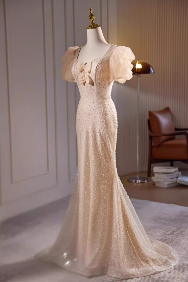 Glittering Sweetheart Neck Puff Short Sleeve Mermaid Evening Gowns Sequins Bows Beads Prom Dress AP5726