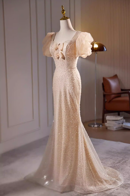 Glittering Sweetheart Neck Puff Short Sleeve Mermaid Evening Gowns Sequins Bows Beads Prom Dress AP5726