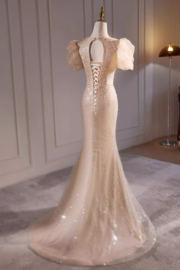 Glittering Sweetheart Neck Puff Short Sleeve Mermaid Evening Gowns Sequins Bows Beads Prom Dress AP5726