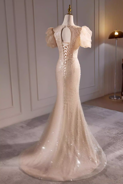 Glittering Sweetheart Neck Puff Short Sleeve Mermaid Evening Gowns Sequins Bows Beads Prom Dress AP5726