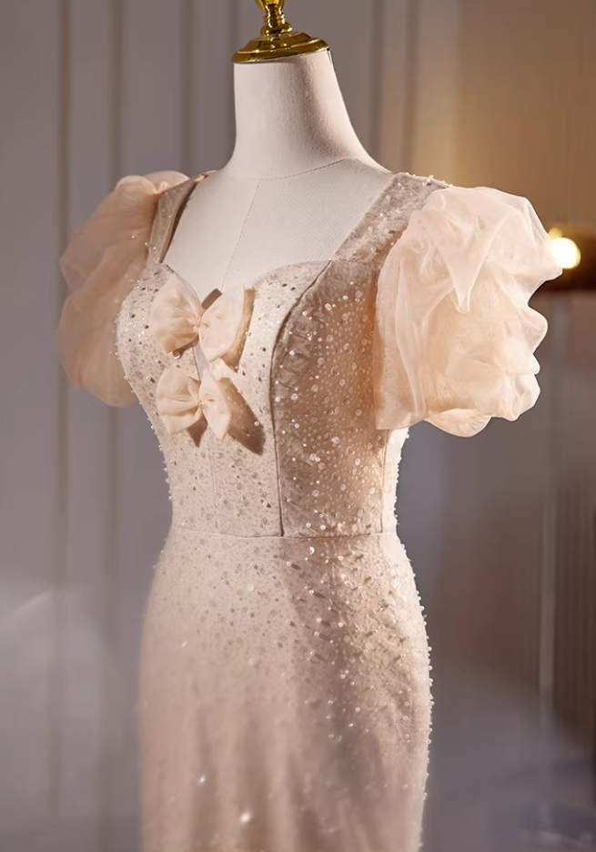 Glittering Sweetheart Neck Puff Short Sleeve Mermaid Evening Gowns Sequins Bows Beads Prom Dress AP5726
