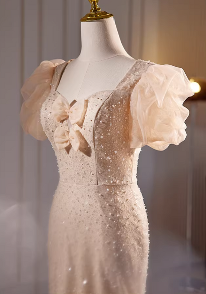 Glittering Sweetheart Neck Puff Short Sleeve Mermaid Evening Gowns Sequins Bows Beads Prom Dress AP5726
