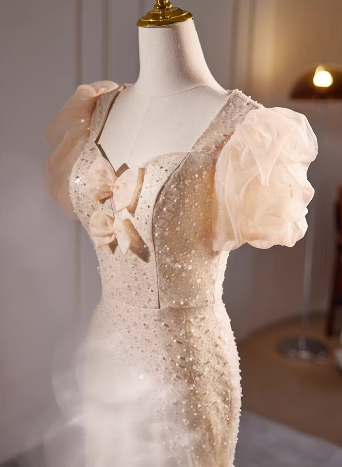 Glittering Sweetheart Neck Puff Short Sleeve Mermaid Evening Gowns Sequins Bows Beads Prom Dress AP5726