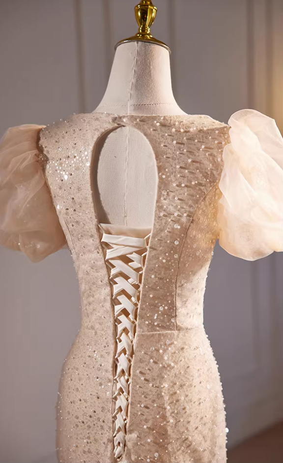 Glittering Sweetheart Neck Puff Short Sleeve Mermaid Evening Gowns Sequins Bows Beads Prom Dress AP5726
