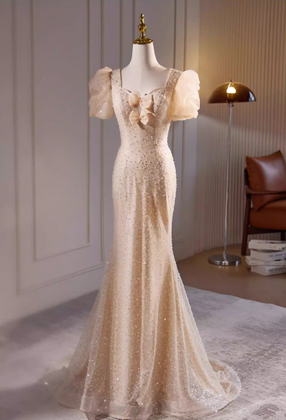 Glittering Sweetheart Neck Puff Short Sleeve Mermaid Evening Gowns Sequins Bows Beads Prom Dress AP5726