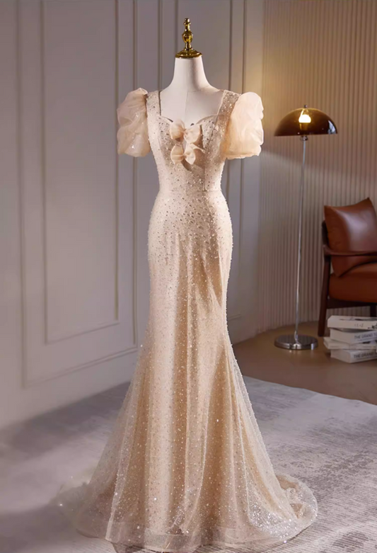Glittering Sweetheart Neck Puff Short Sleeve Mermaid Evening Gowns Sequins Bows Beads Prom Dress AP5726
