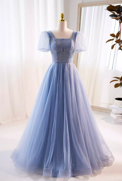 Modern Square Neck Layered Tulle A-Line Sweet 16th Gowns Short Sleeve Beading Sequins Prom Dress AP5727