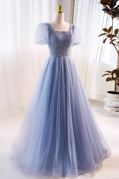 Modern Square Neck Layered Tulle A-Line Sweet 16th Gowns Short Sleeve Beading Sequins Prom Dress AP5727