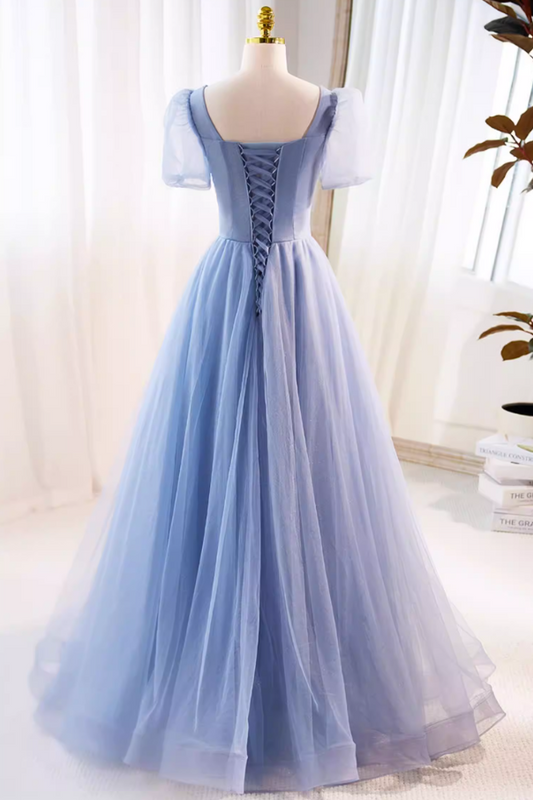 Modern Square Neck Layered Tulle A-Line Sweet 16th Gowns Short Sleeve Beading Sequins Prom Dress AP5727
