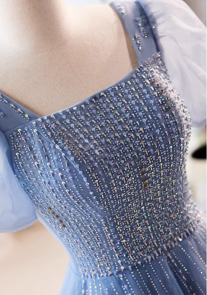 Modern Square Neck Layered Tulle A-Line Sweet 16th Gowns Short Sleeve Beading Sequins Prom Dress AP5727