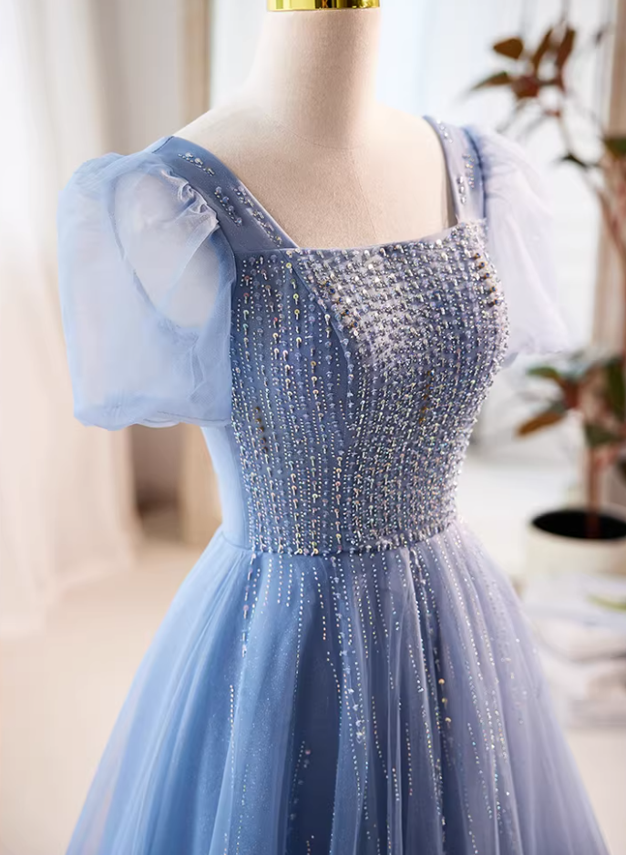 Modern Square Neck Layered Tulle A-Line Sweet 16th Gowns Short Sleeve Beading Sequins Prom Dress AP5727