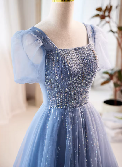 Modern Square Neck Layered Tulle A-Line Sweet 16th Gowns Short Sleeve Beading Sequins Prom Dress AP5727