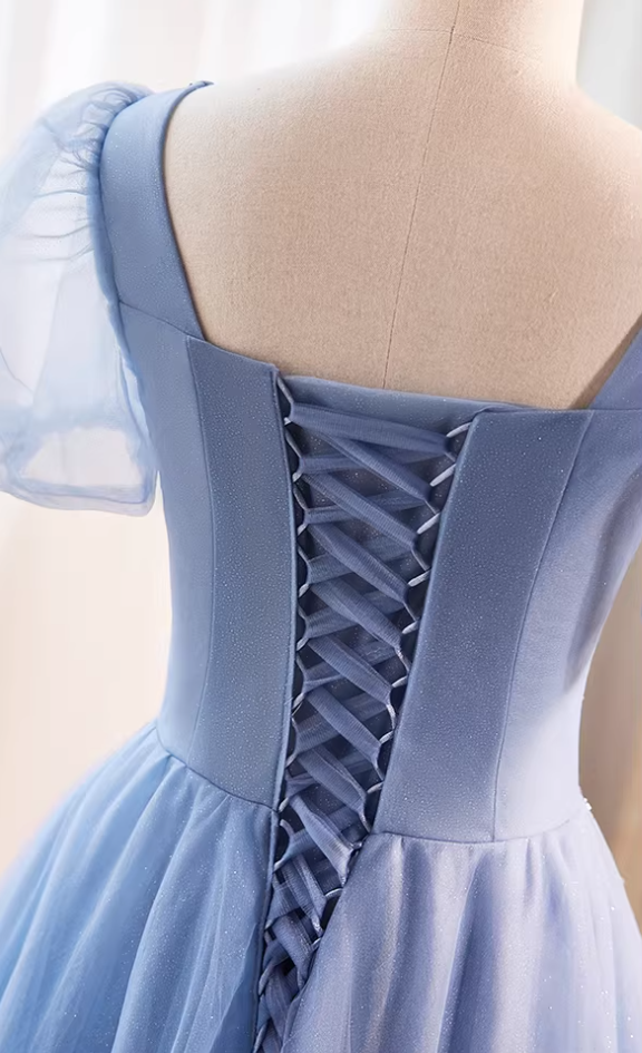 Modern Square Neck Layered Tulle A-Line Sweet 16th Gowns Short Sleeve Beading Sequins Prom Dress AP5727