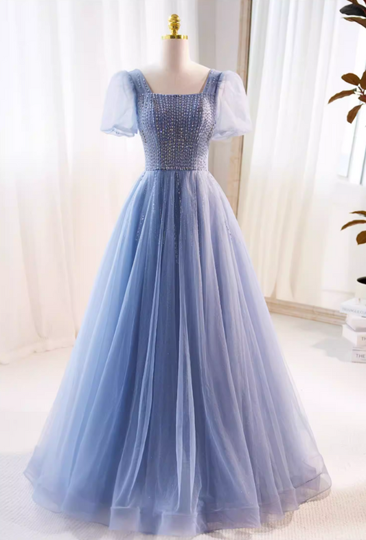 Modern Square Neck Layered Tulle A-Line Sweet 16th Gowns Short Sleeve Beading Sequins Prom Dress AP5727