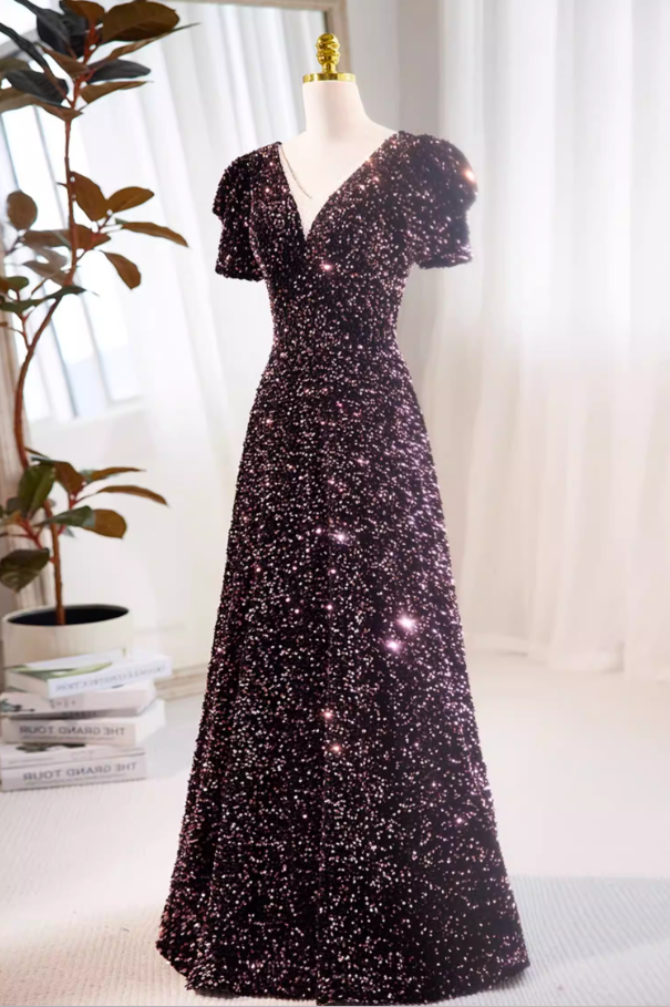 Princess V Neck A-Line Sweet 16th Gowns Short Sleeve Sequisn Prom Dress AP5728