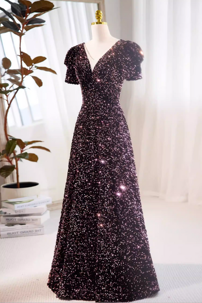 Princess V Neck A-Line Sweet 16th Gowns Short Sleeve Sequisn Prom Dress AP5728