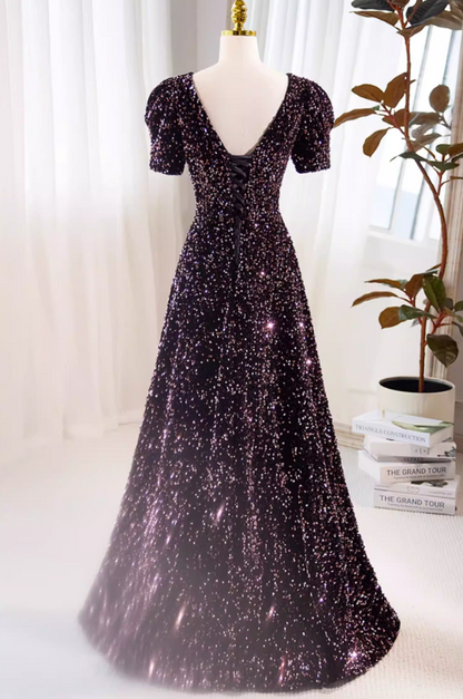 Princess V Neck A-Line Sweet 16th Gowns Short Sleeve Sequisn Prom Dress AP5728