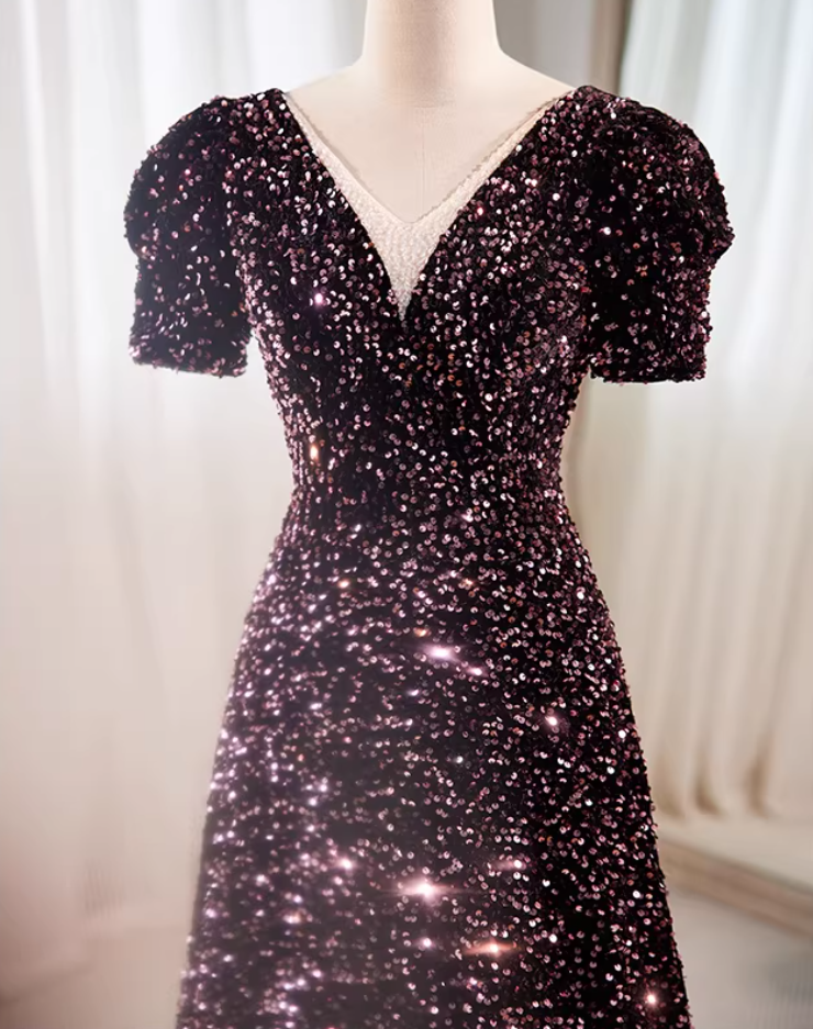 Princess V Neck A-Line Sweet 16th Gowns Short Sleeve Sequisn Prom Dress AP5728