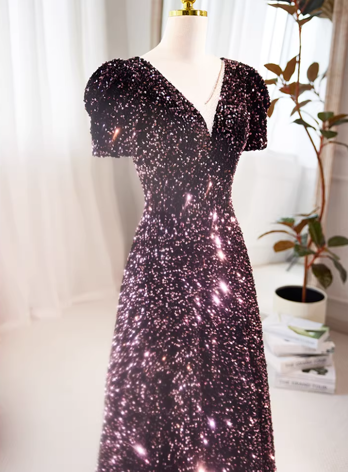 Princess V Neck A-Line Sweet 16th Gowns Short Sleeve Sequisn Prom Dress AP5728