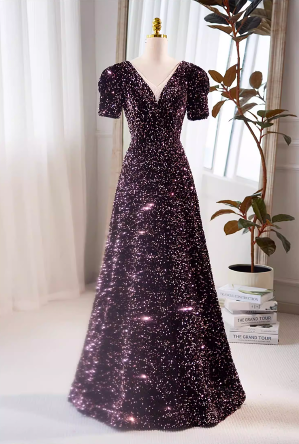 Princess V Neck A-Line Sweet 16th Gowns Short Sleeve Sequisn Prom Dress AP5728