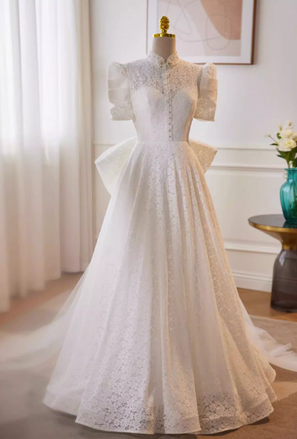 Pretty A-Line High Collar Bridal Gowns Bow Train Short Sleeve Lace Pearls Wedding Dress AP5729