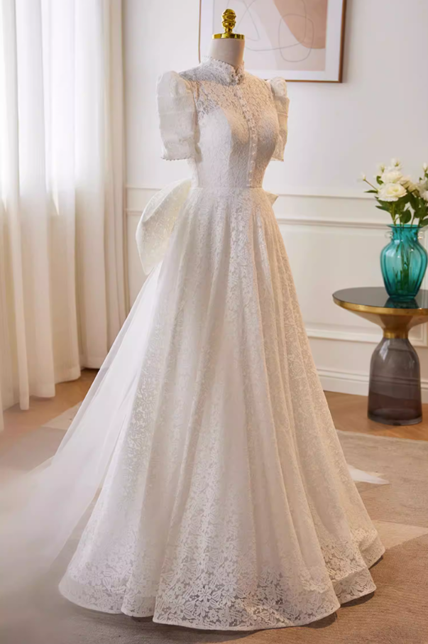 Pretty A-Line High Collar Bridal Gowns Bow Train Short Sleeve Lace Pearls Wedding Dress AP5729