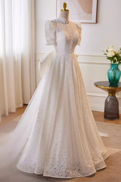 Pretty A-Line High Collar Bridal Gowns Bow Train Short Sleeve Lace Pearls Wedding Dress AP5729