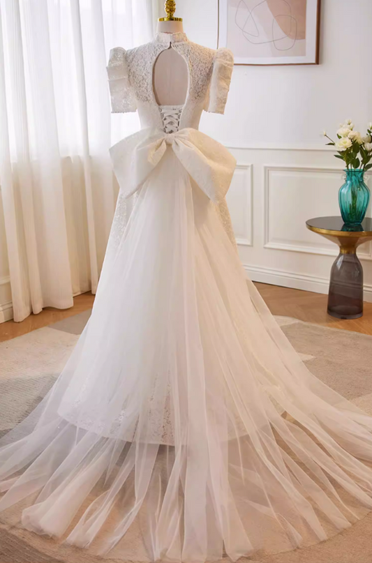 Pretty A-Line High Collar Bridal Gowns Bow Train Short Sleeve Lace Pearls Wedding Dress AP5729