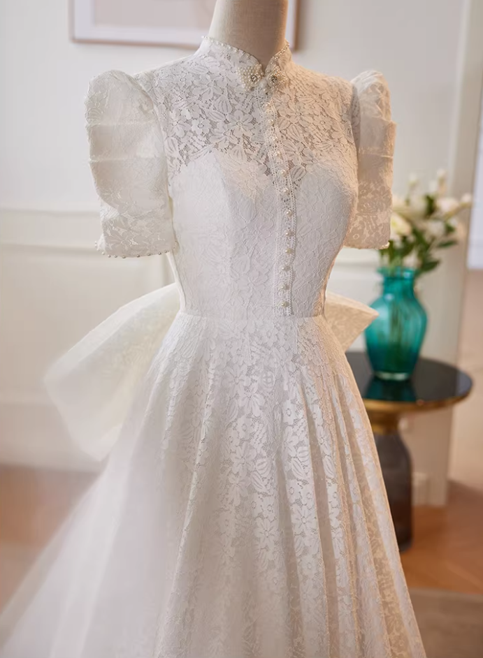 Pretty A-Line High Collar Bridal Gowns Bow Train Short Sleeve Lace Pearls Wedding Dress AP5729