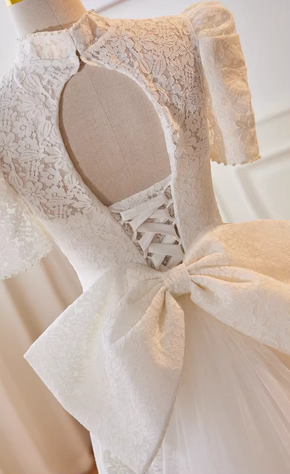 Pretty A-Line High Collar Bridal Gowns Bow Train Short Sleeve Lace Pearls Wedding Dress AP5729