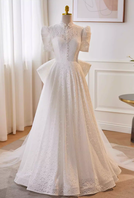 Pretty A-Line High Collar Bridal Gowns Bow Train Short Sleeve Lace Pearls Wedding Dress AP5729