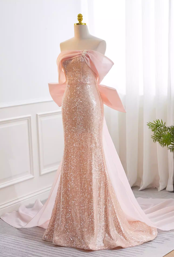 Delicate Off-Shoulder Pink Mermaid Sweet 16th Dresses Bow Train Beads Sequins Prom Dress AP5731