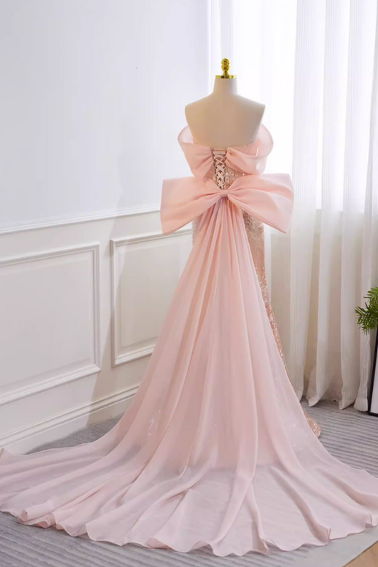 Delicate Off-Shoulder Pink Mermaid Sweet 16th Dresses Bow Train Beads Sequins Prom Dress AP5731