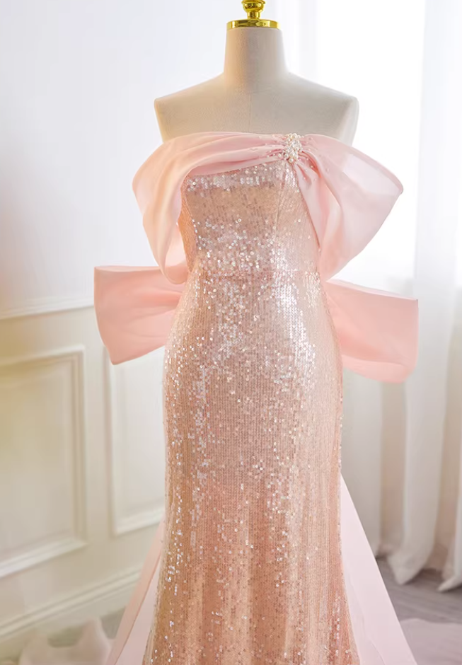 Delicate Off-Shoulder Pink Mermaid Sweet 16th Dresses Bow Train Beads Sequins Prom Dress AP5731