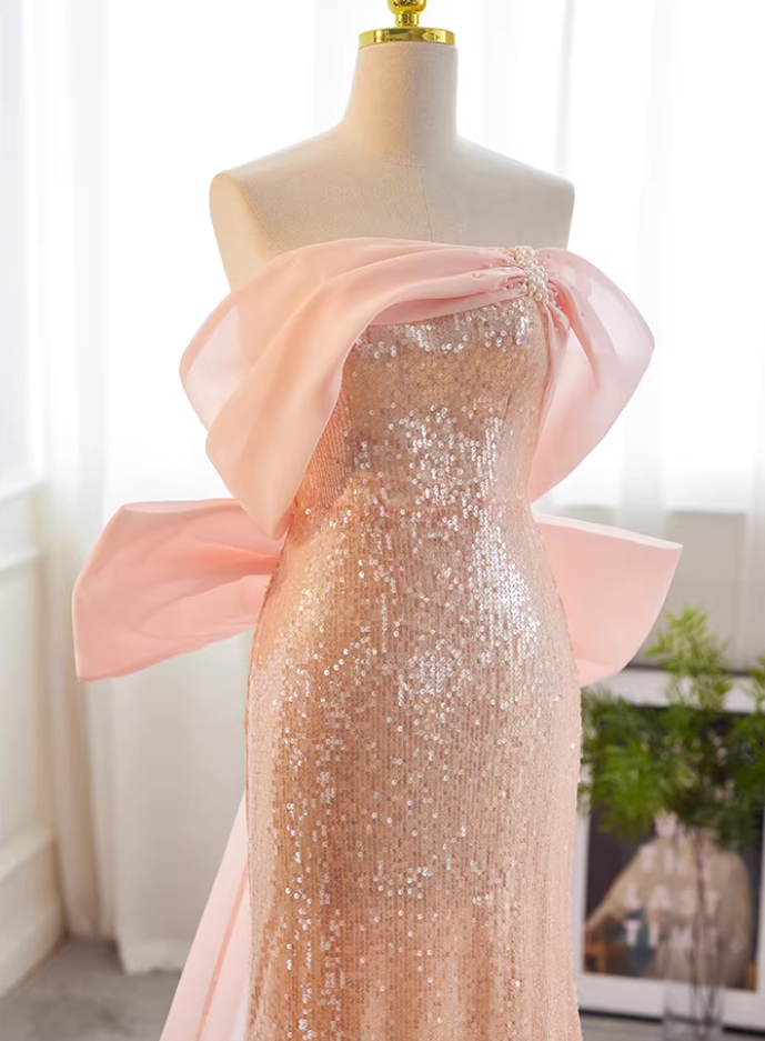 Delicate Off-Shoulder Pink Mermaid Sweet 16th Dresses Bow Train Beads Sequins Prom Dress AP5731