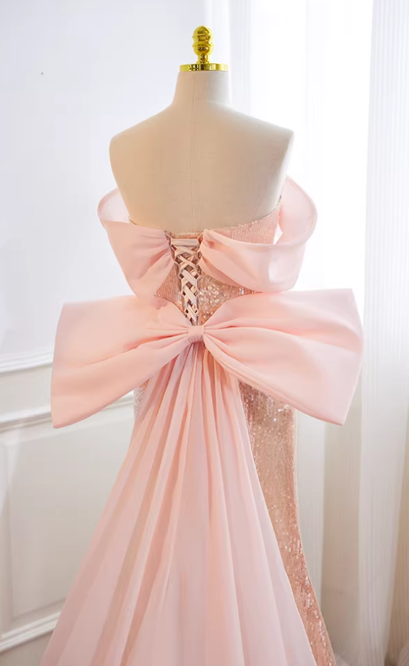 Delicate Off-Shoulder Pink Mermaid Sweet 16th Dresses Bow Train Beads Sequins Prom Dress AP5731