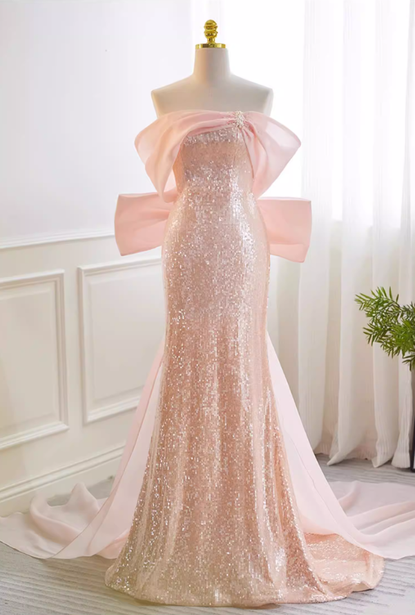 Delicate Off-Shoulder Pink Mermaid Sweet 16th Dresses Bow Train Beads Sequins Prom Dress AP5731