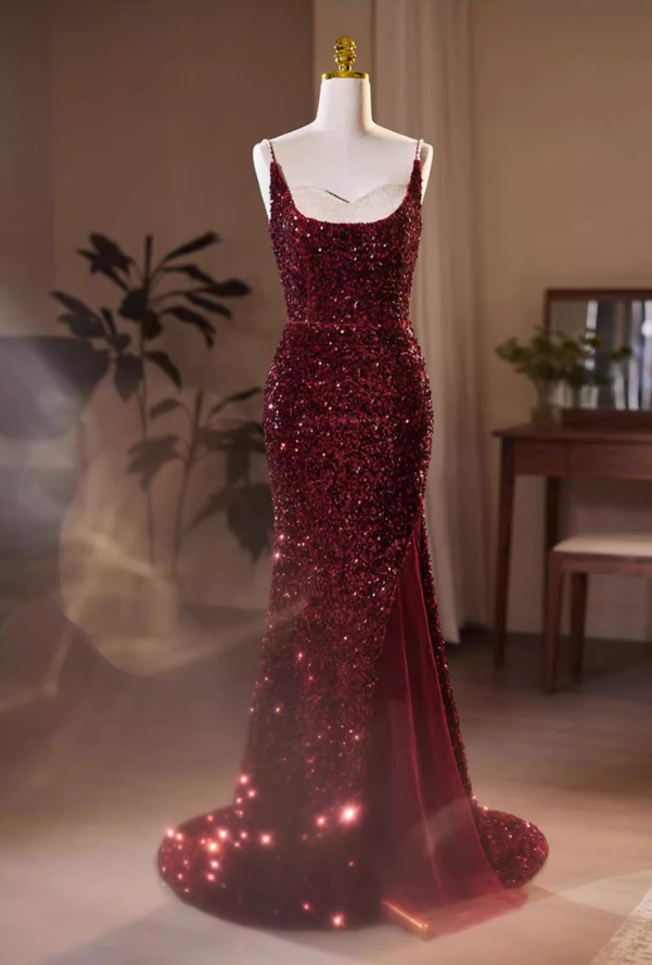 Hot Girls Spaghetti Straps High-Slit Mermaid Evening Dresses Sequins Beading Prom Dress AP5732