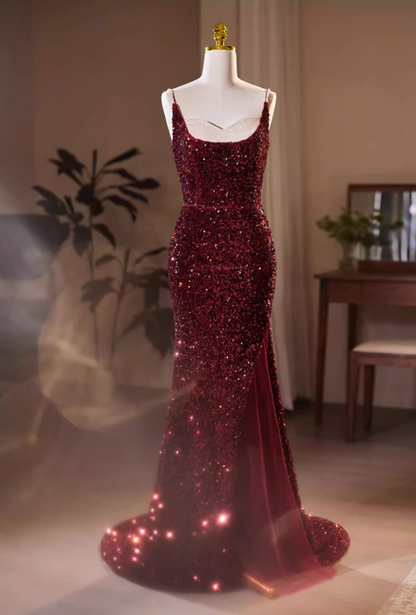 Hot Girls Spaghetti Straps High-Slit Mermaid Evening Dresses Sequins Beading Prom Dress AP5732