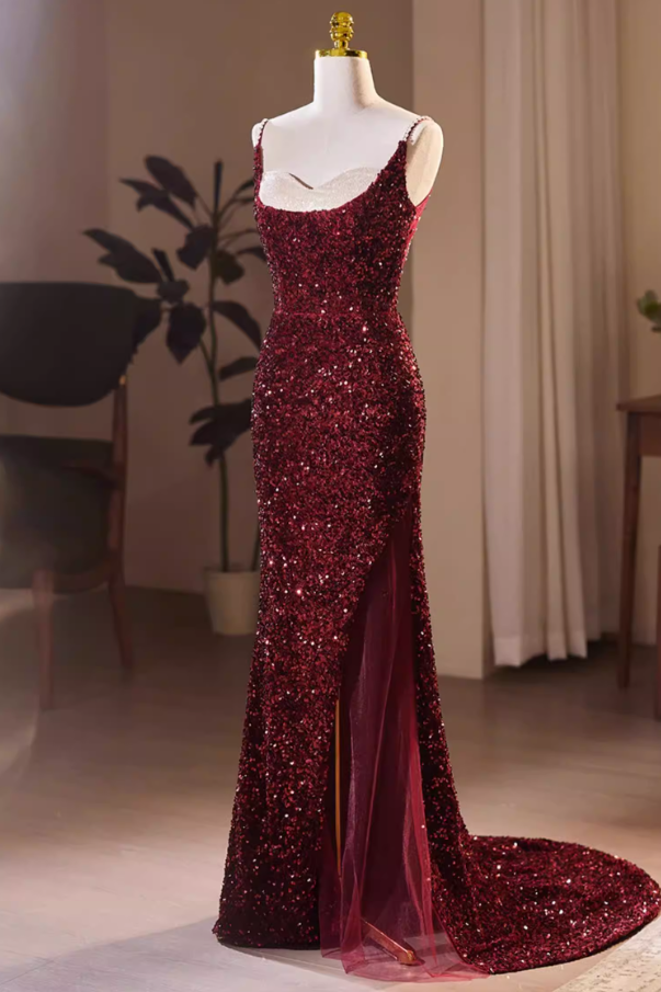 Hot Girls Spaghetti Straps High-Slit Mermaid Evening Dresses Sequins Beading Prom Dress AP5732