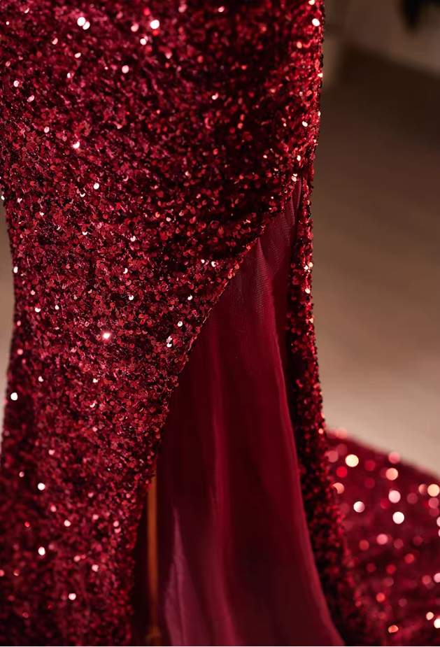 Hot Girls Spaghetti Straps High-Slit Mermaid Evening Dresses Sequins Beading Prom Dress AP5732