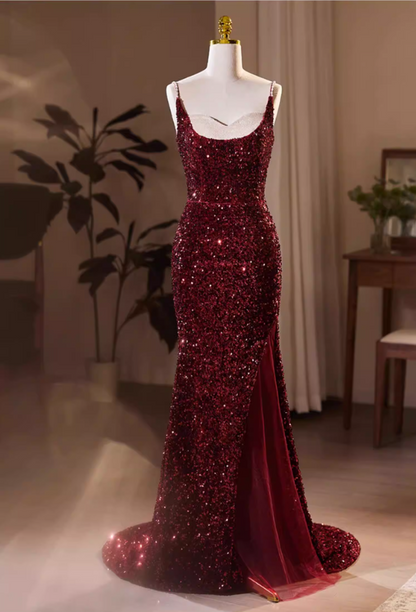 Hot Girls Spaghetti Straps High-Slit Mermaid Evening Dresses Sequins Beading Prom Dress AP5732