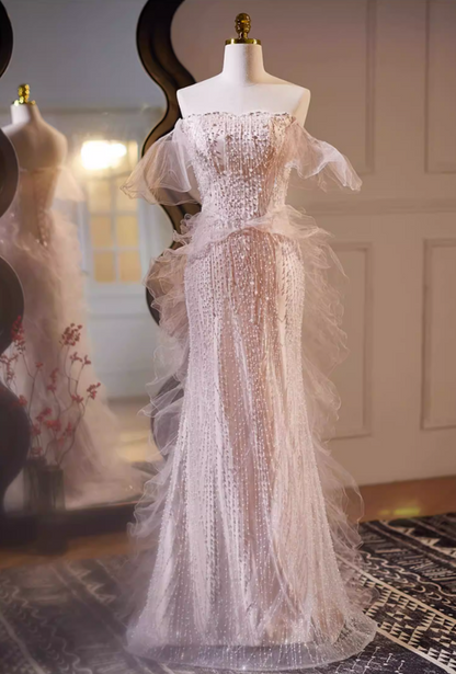 Gen Z Style Off-Shoulder Mermaid Sweet 16th Dresses Beading Ruffled Tulle Prom Dress AP5733