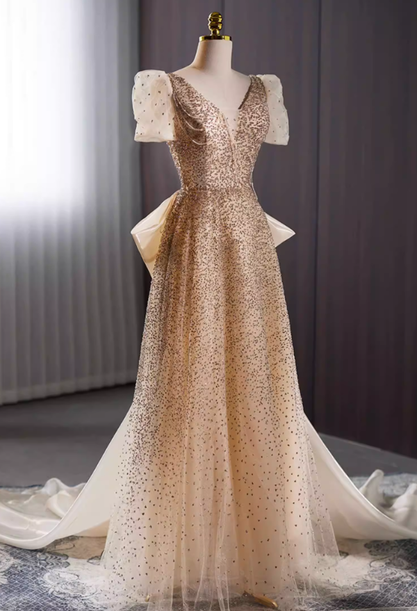 Casual V Neck A-Line Sweet 16th Gowns Short Sleeve Beading Sequins Bow Train Prom Dress AP5735